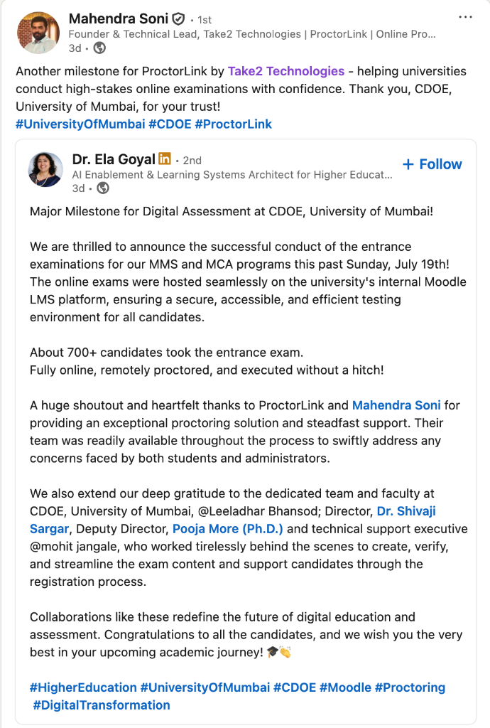 Mahendra Soni and Dr. Ela Goyal LinkedIn Post regarding CDOE University of Mumbai entrance exams